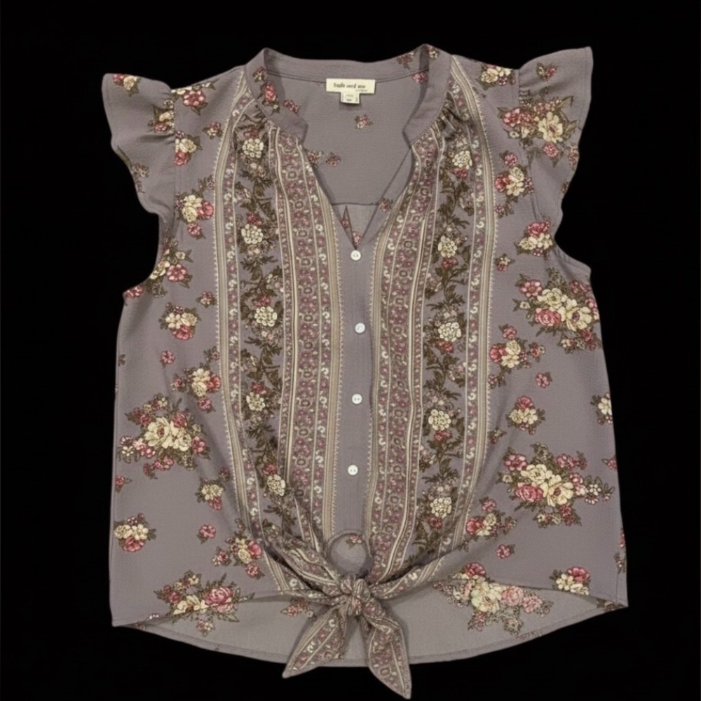 Faith and Joy Lavender Floral Flutter Sleeve Tie-Front Blouse - Size Medium